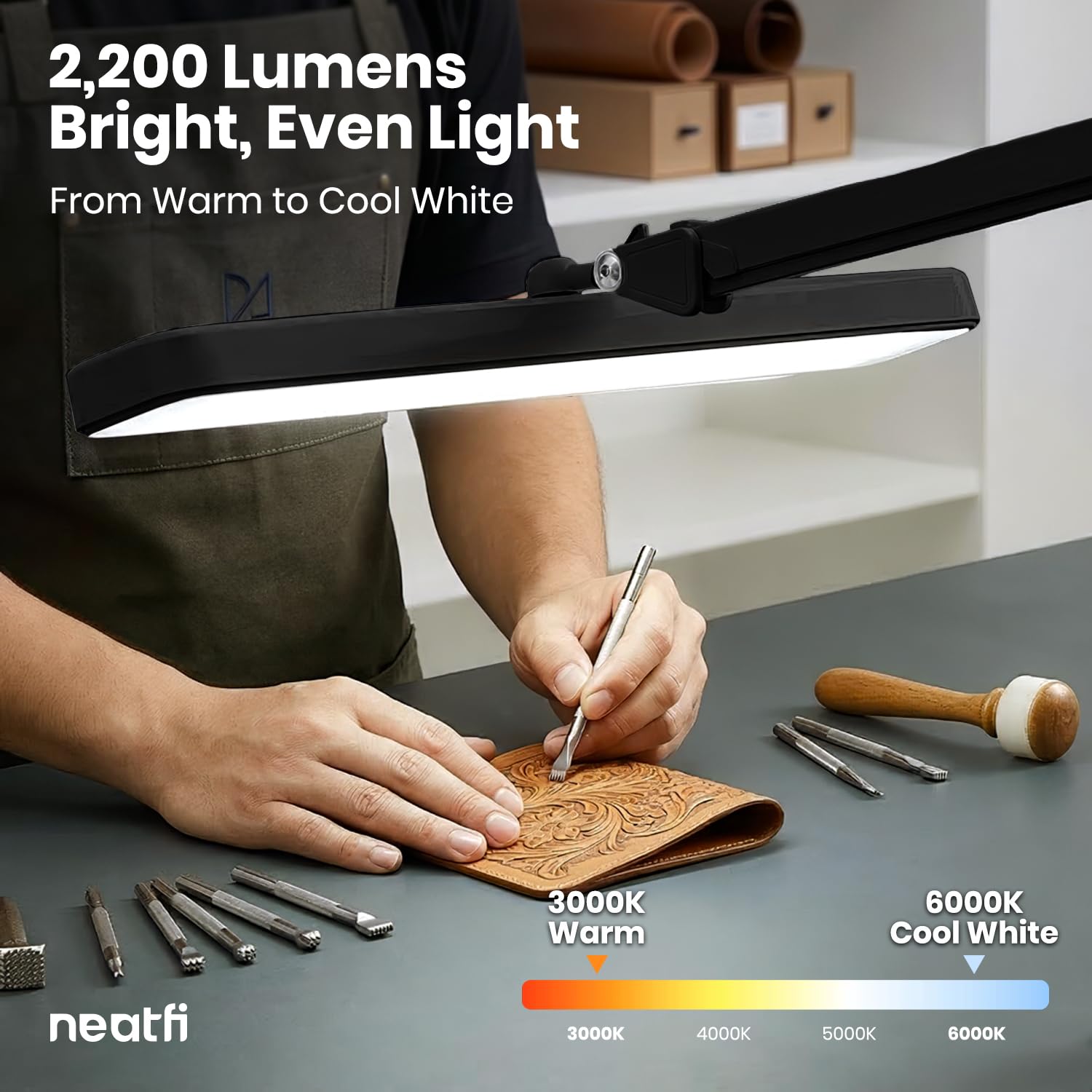 Neatfi XL 2.500 Lumen 30W LED-Arbeitslampe – 56 cm breiter Lampenkopf | 324 SMD-LEDs | 5 Lichtmodi | 3000K–6000K | Dimmbar | Schreibtischlampe für Zuhause & Büro (Schwarz, CCT mit Klemme)