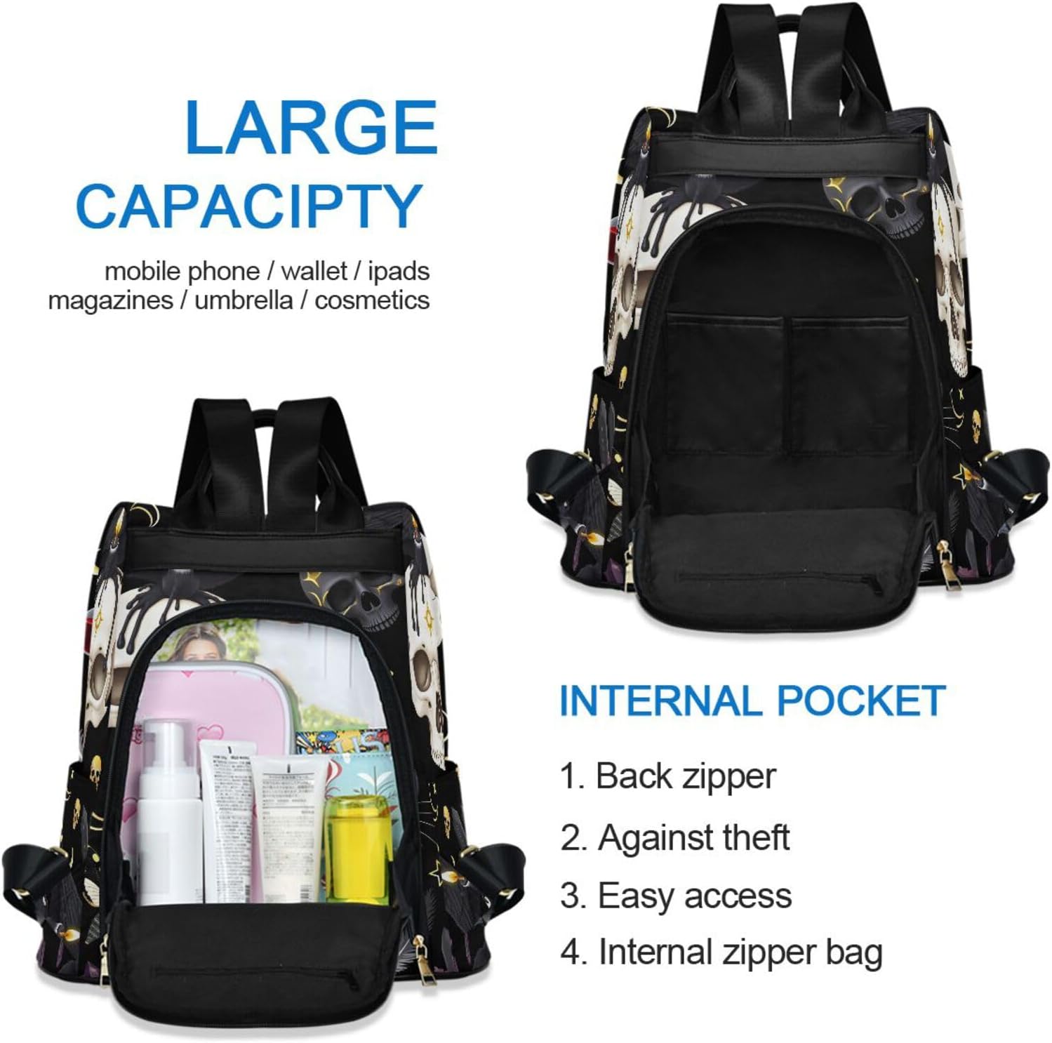 MNSRUU Women Backpack Purse Goth Skull Moth Backpack for Women Anti-theft Shoulder Bag Carry On Backpack Lightweight Rucksack Fashion Travel Ladies Bags