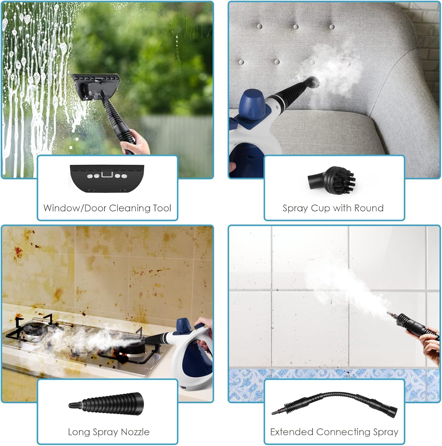 Handheld Pressurized Steam Cleaner with 11-Piece Accessory Set, Multi-Surface Steamer for Cleaning, All Natural Steam Cleaner for Car, Floor, Upholstery, Grout and Tile