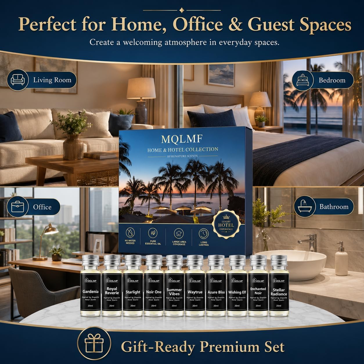 Luxury Essential Oil Gift Set – 5 Signature Hotel Scents & 5 Everyday Home Scents，10 x 20ml Aroma Oils for Waterless Diffusers.