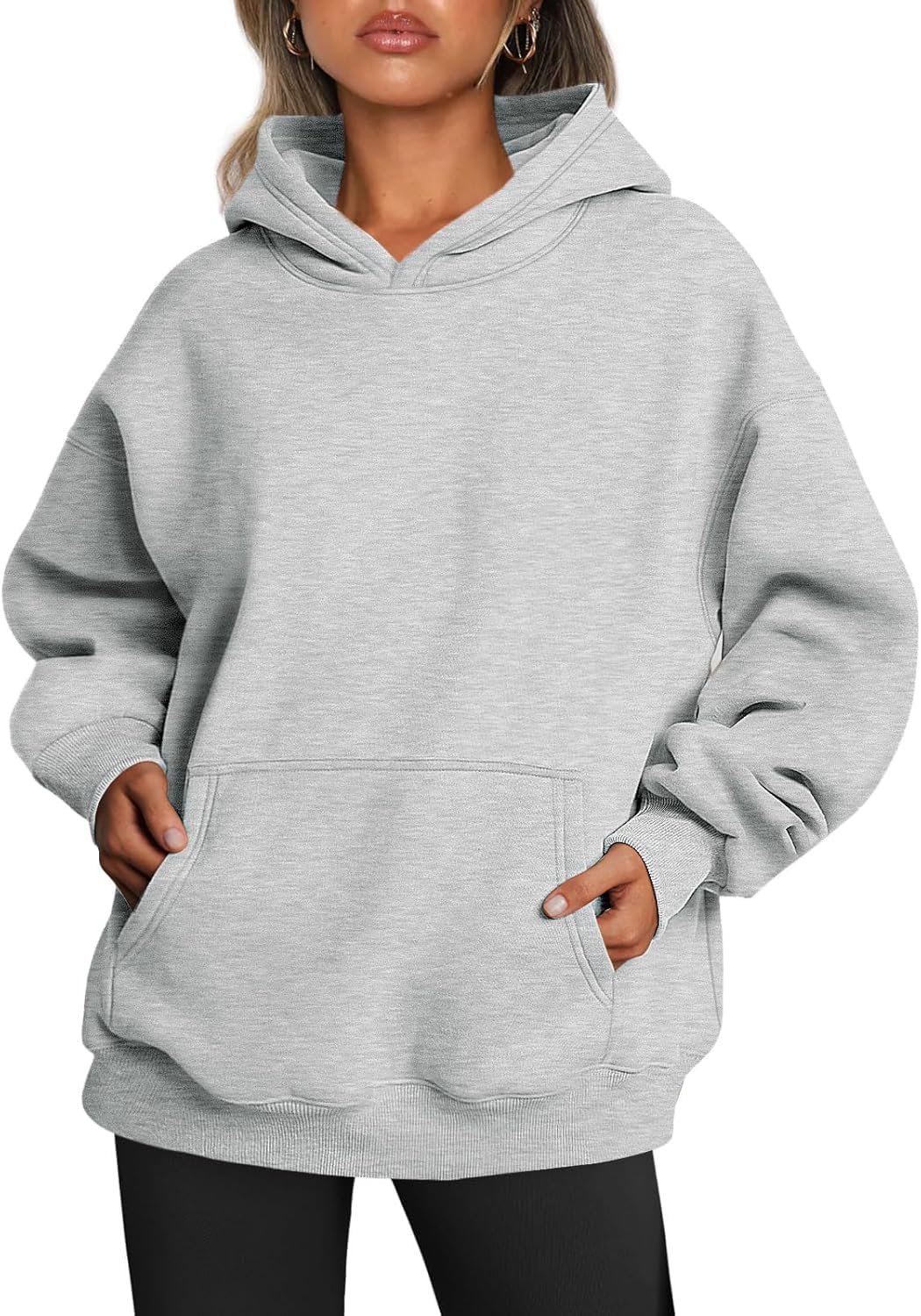 Yunmlep Hoodie Damen Kapuzenpullover Oversize Casual Pullover Sweatshirt Langarm Baumwolle Pulli Herbst Winter Hoody mit Tasche (Grau, M)