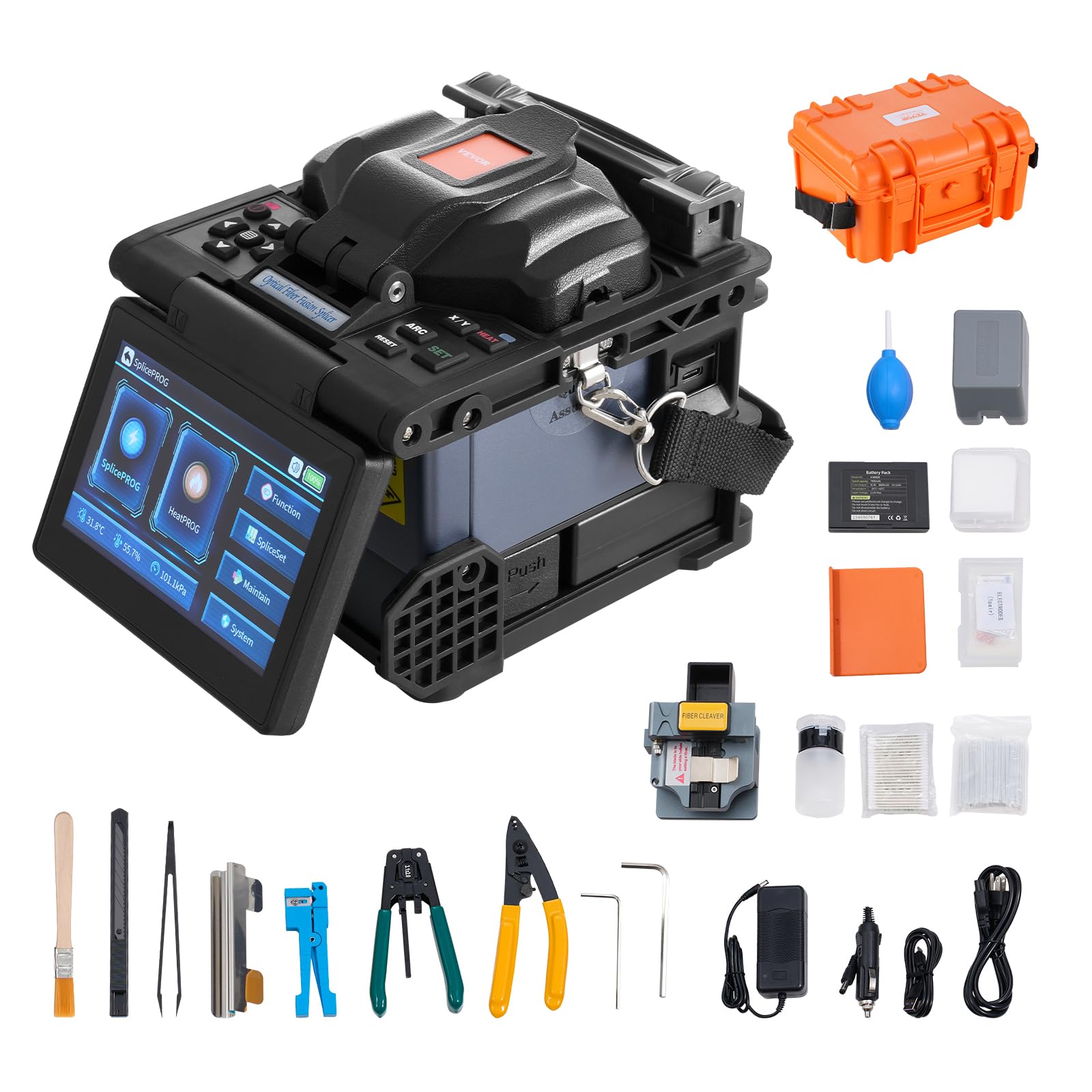 VEVOR Fiber Fusion Splicer 6-Motor, Core Alignment Optic Splicer 6s Splicing & 13s Heating, Fiber Machine with 5" LCD Screen, 3 in 1 Holder, 7800mAh