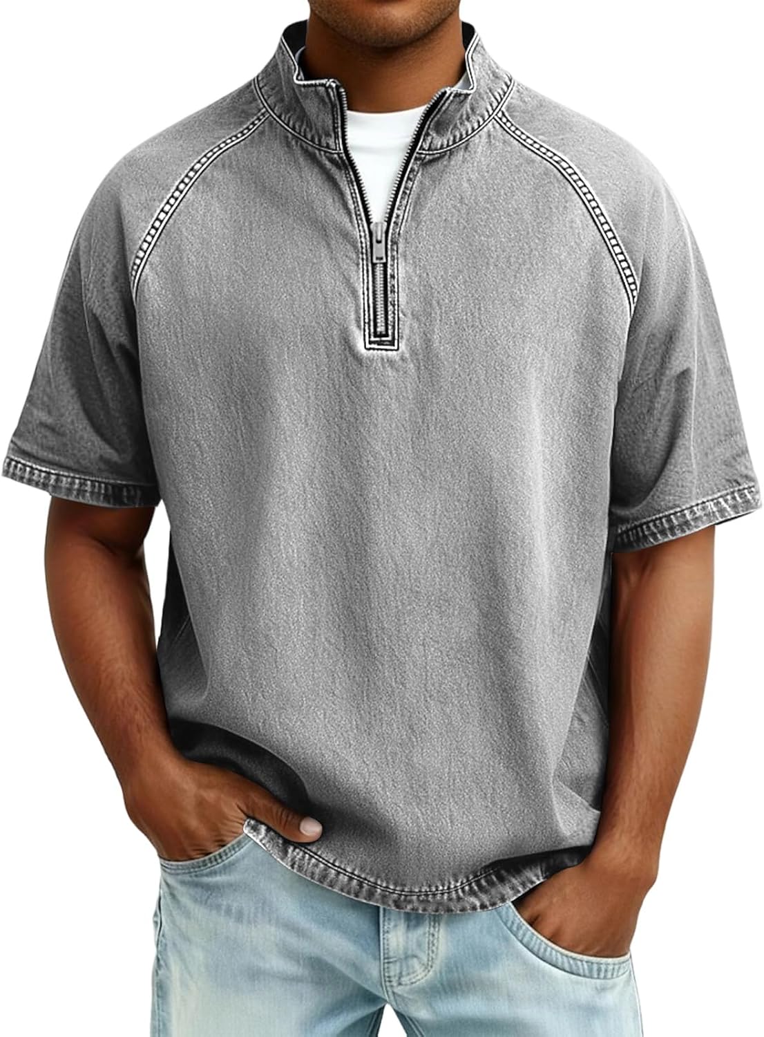 WENKOMG1 Men's T-Shirts Short Sleeve Quarter Zip Henley Shirts Vintage Summer Casual Pullover Tee Tops, M-3XL