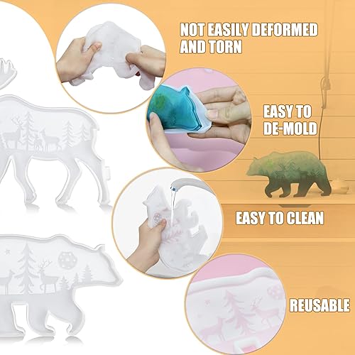 Miniatura 2 de Juego de 2 moldes de resina de oso de ciervo, moldes de fundición de resina grandes para bricolaje, decoración de Navidad