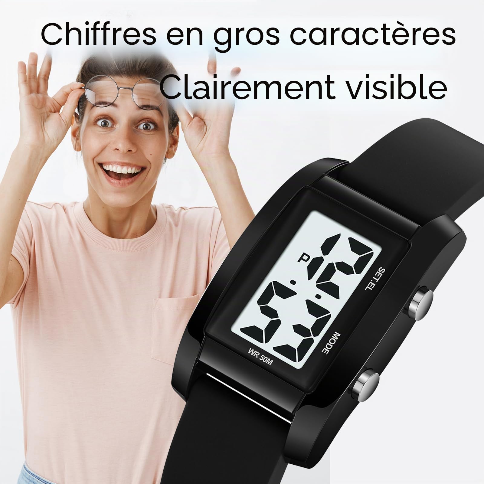 findtime Montre numérique étanche pour femme - Montre de sport à grands chiffres - Facile à lire avec rétroéclairage LED