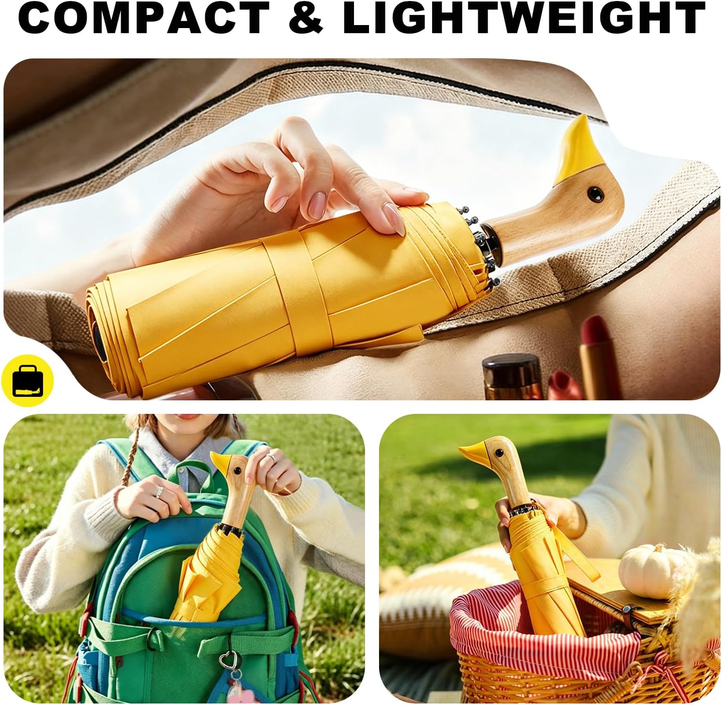Cute Duck Handle Umbrella - Compact Travel Yellow Duck Head Umbrella for Adults and Girls