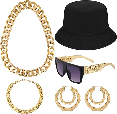 Kit de disfraz de hip hop de los años 8090, trajes de rapero DJ, pulsera de cadena dorada punk, sombrero de cubo, gafas vintage, aretes de aro de