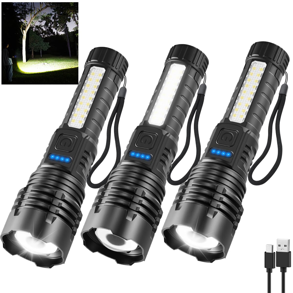 3Pack Rechargeable Flashlights, 7Mode Flashlights High Lumens, Super Bright LED Flashlight, Adjustable Tactical Flash Light, High Powered Flash Light, Handheld Flashlight for Home Emergency Camping