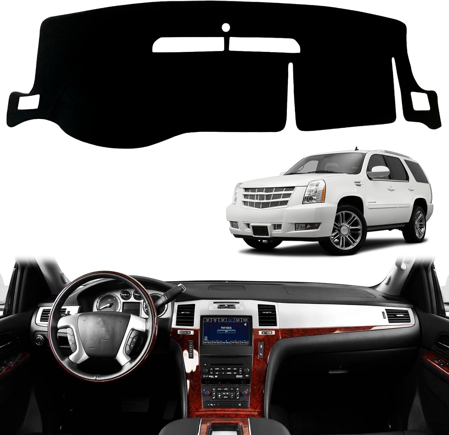 Dashboard Dash Board Cover Mat Pad Carpet Non-Slip Custom Compatible with Cadillac Escalade 2007-2014 Without Cutout for Dash Speaker Protector Sunshield (Black Trim)