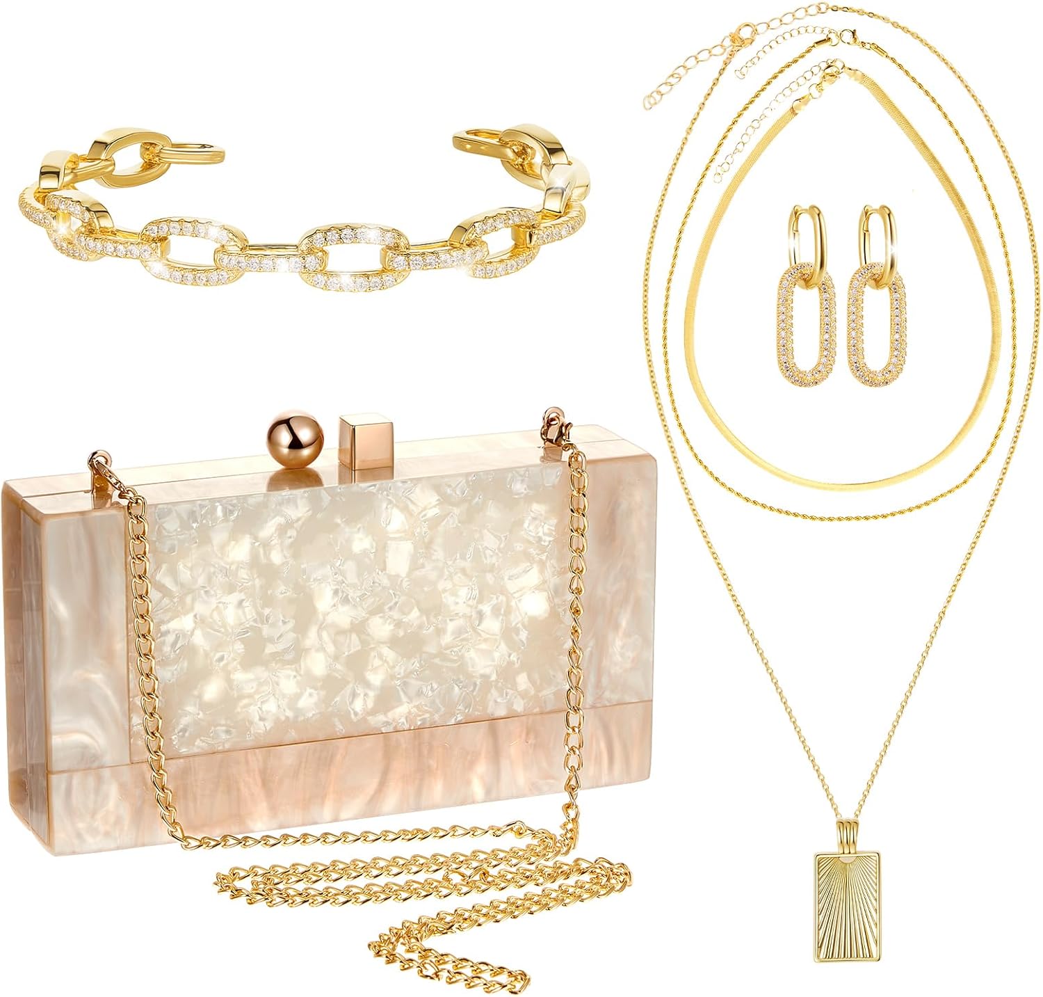 4 Pcs Acrylic Clutch Bag for Women Evening Handbag Gold Layered Necklace Bracelet Earrings Set for Wedding Party
