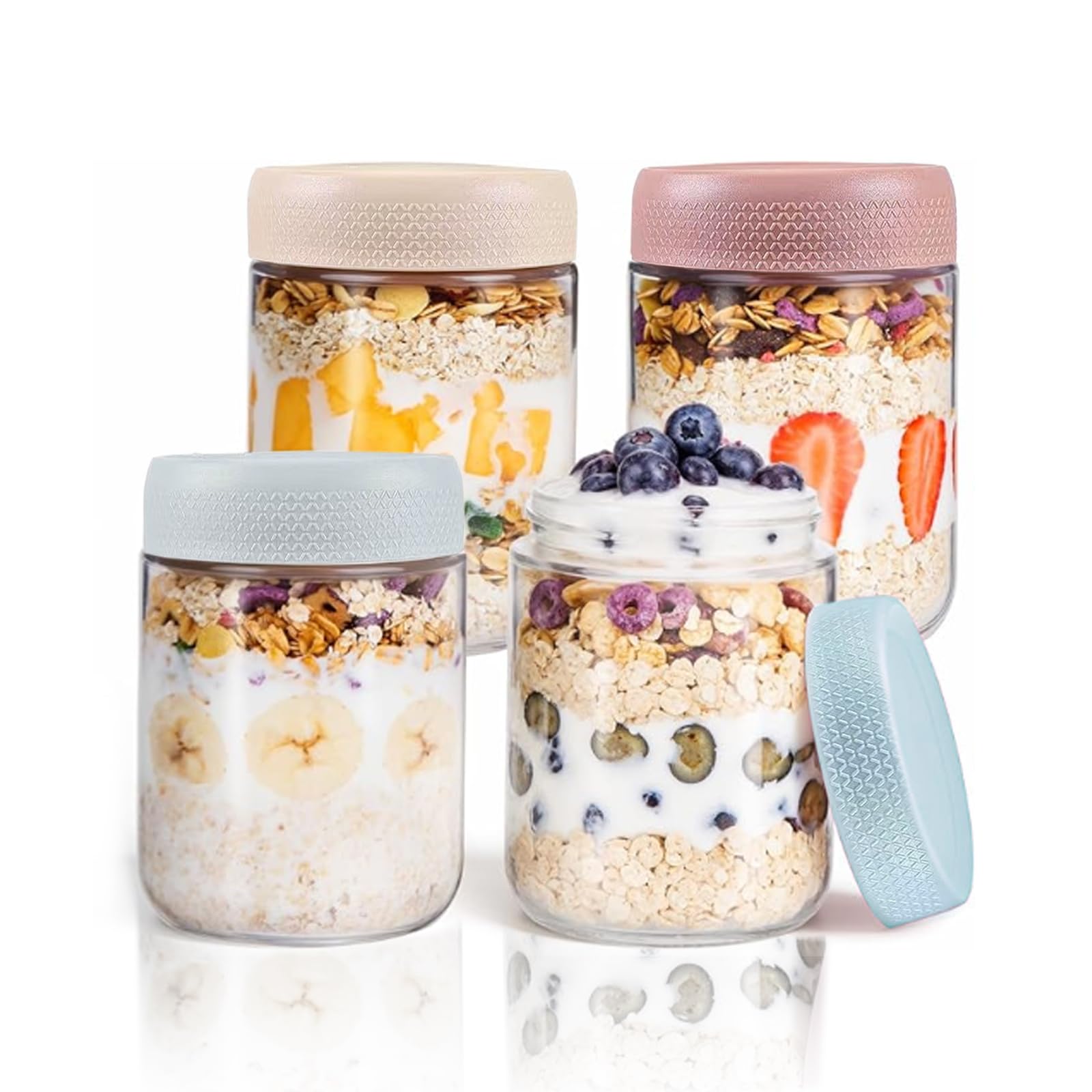 Llygophile Transparent Overnight Oat Jar, 4 Cans 500Ml/16 Oz Wide Mouth Mason Salad Jar, Homemade Oat Salad Yogurt Fruit Pudding Storage Container