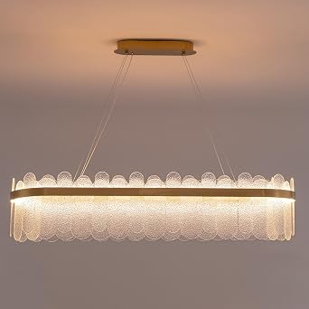 Gold Rectangle Chandelier for Dining Room, Modern LED Linear Glass Pendant Light, 3-Color Dimmable Hanging Fixture for Kitchen Island, Luxury Lighting,L47 W14 H10