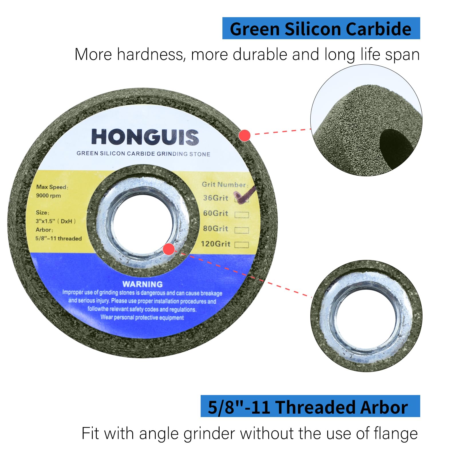 Rueda de piedra de molienda SiC verde de 3 pulgadas, grano 60, 0.62 pulgadas - 11 para hormigón | Baja vibración, fácil control; carburo de silicio verde duro, larga vida; para granito, mármol, hormigón; requiere brida