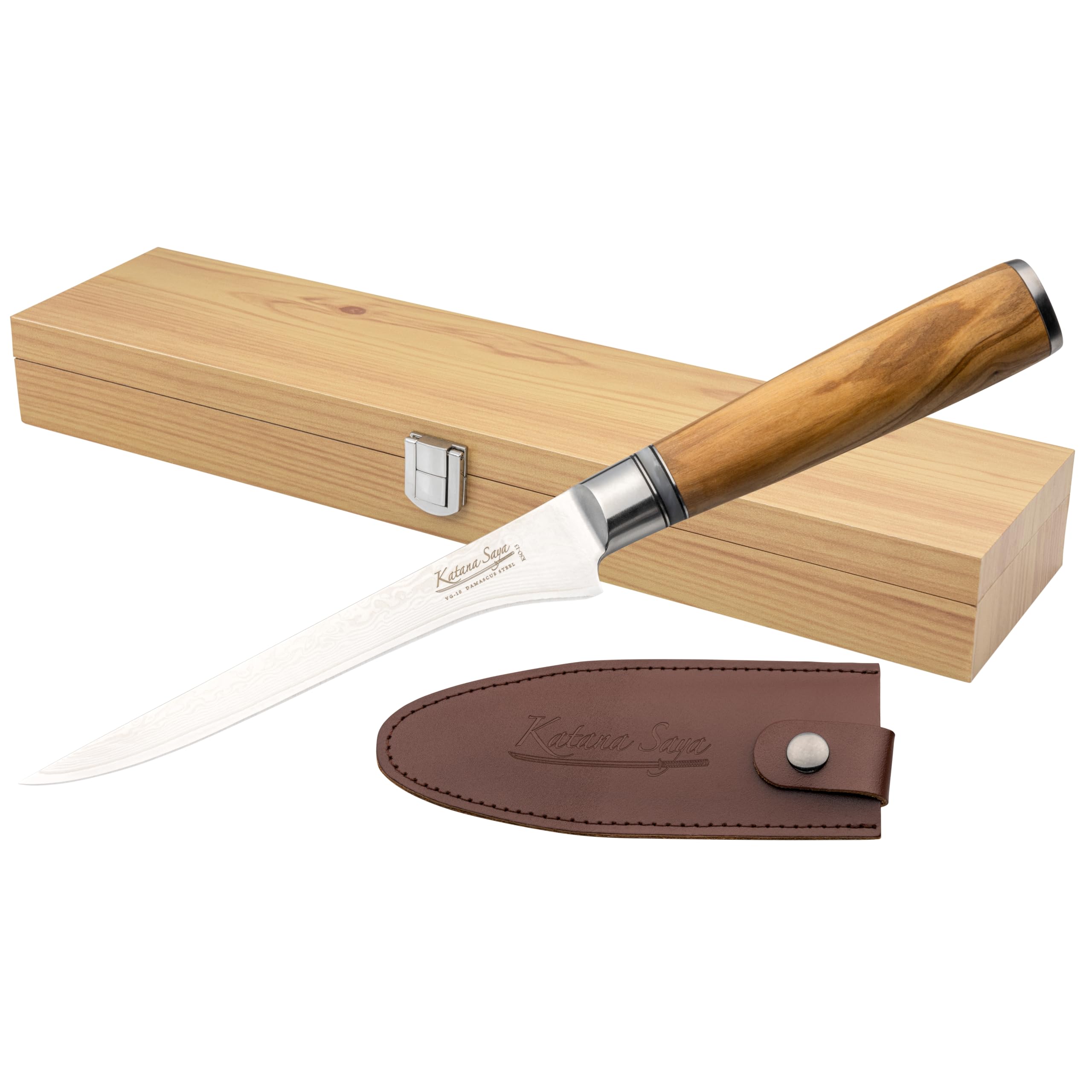 Katana Saya Olive Wood 15cm Boning Knife, Japanese 67-Layer VG-10 Damascus Stainless Steel, Natural Olive Wood Handle, Kitchen Knife