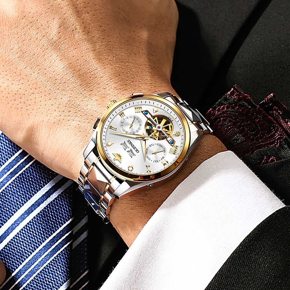 OUPINKE Reloj automático para Hombre con Esfera Plateada Esqueleto Tourbillon, Movimiento automático, Cristal de Zafiro, Impermeable, Luminoso, Ventana de Mes y año, Color Blanco