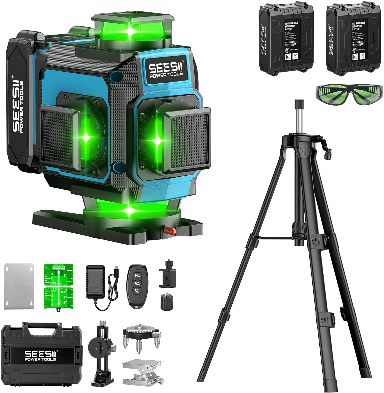 SEESII レーザー墨出し器 グリーンレーザー 水平器 4x360° 16ライン 墨出しレーザー フルライン 電量LCDディスプレー搭載 レーザーレベル 水準器ツール 回転レーザー線 緑色 小型 コンパクト 自動補正 高輝度 高精度 受光器対応 軽量作業 DIY 測量建築 リモコン付き 2個大容量バッテリー エレベーター三脚 収納箱付き 型番L16-B1-Pro