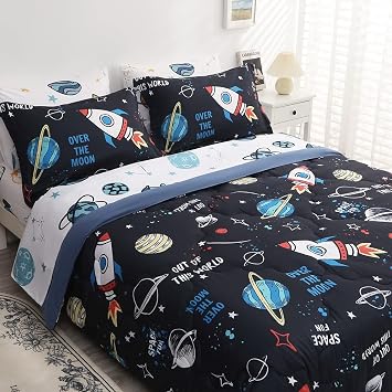 Wajade Kids Space Comforter Set Bed in A Bag Full Size 7 Piece 3D Space Rocket Planets Bedding Set for Teens Boys Girls 1 Comforter, 1 Flat Sheet, 1 Fitted Sheet, 2 Pillowcase and 2 Pillow Sham