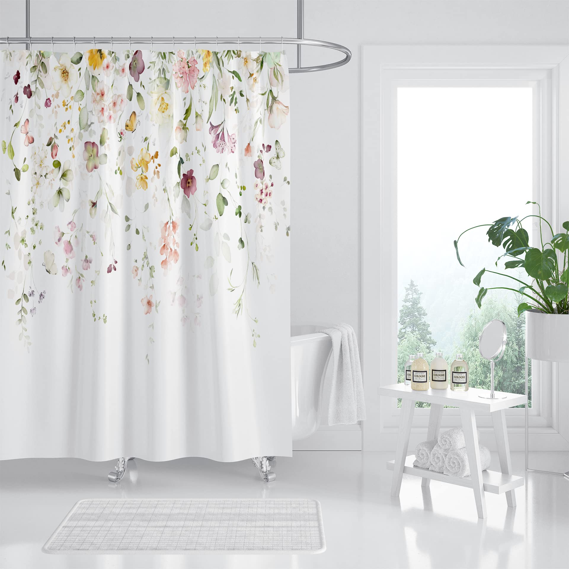 Duschvorhang Mit Aquarell-Wildblumen-Muster – 183 X 183 Cm, Wasserdicht, Maschinenwaschbar, Inkl. 12 Haken