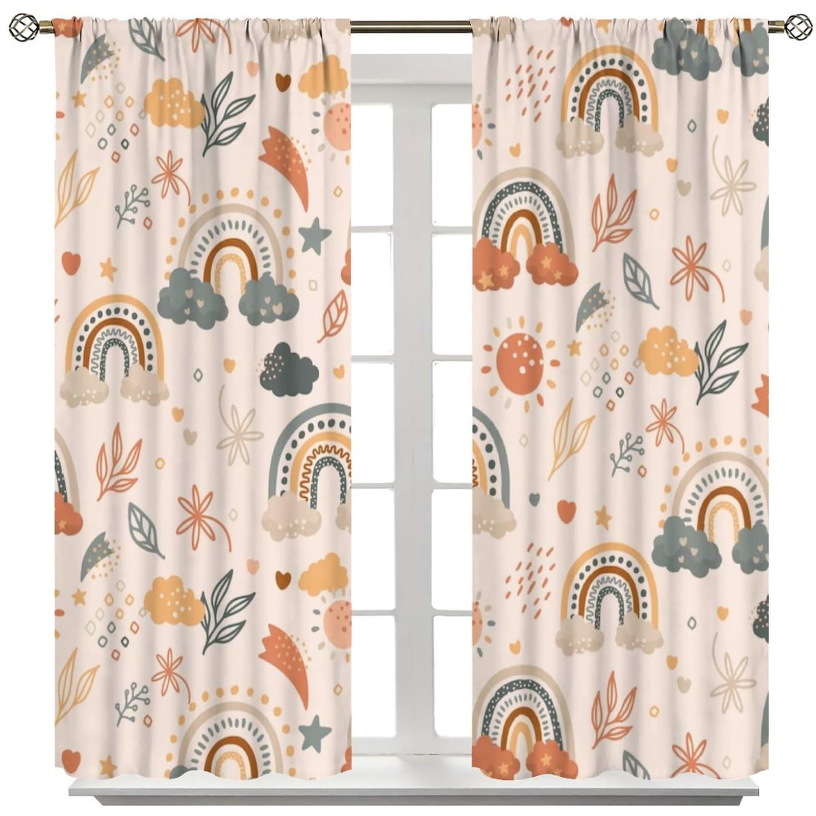 Kids Rainbow Curtains Cartoon Rainbow for Baby Boys Girls Playroom Brown Abstract Bohemia Lovely Stars Nursery Bedroom Window Drapes Treatment Fabric 42W x 45H Inch Decor