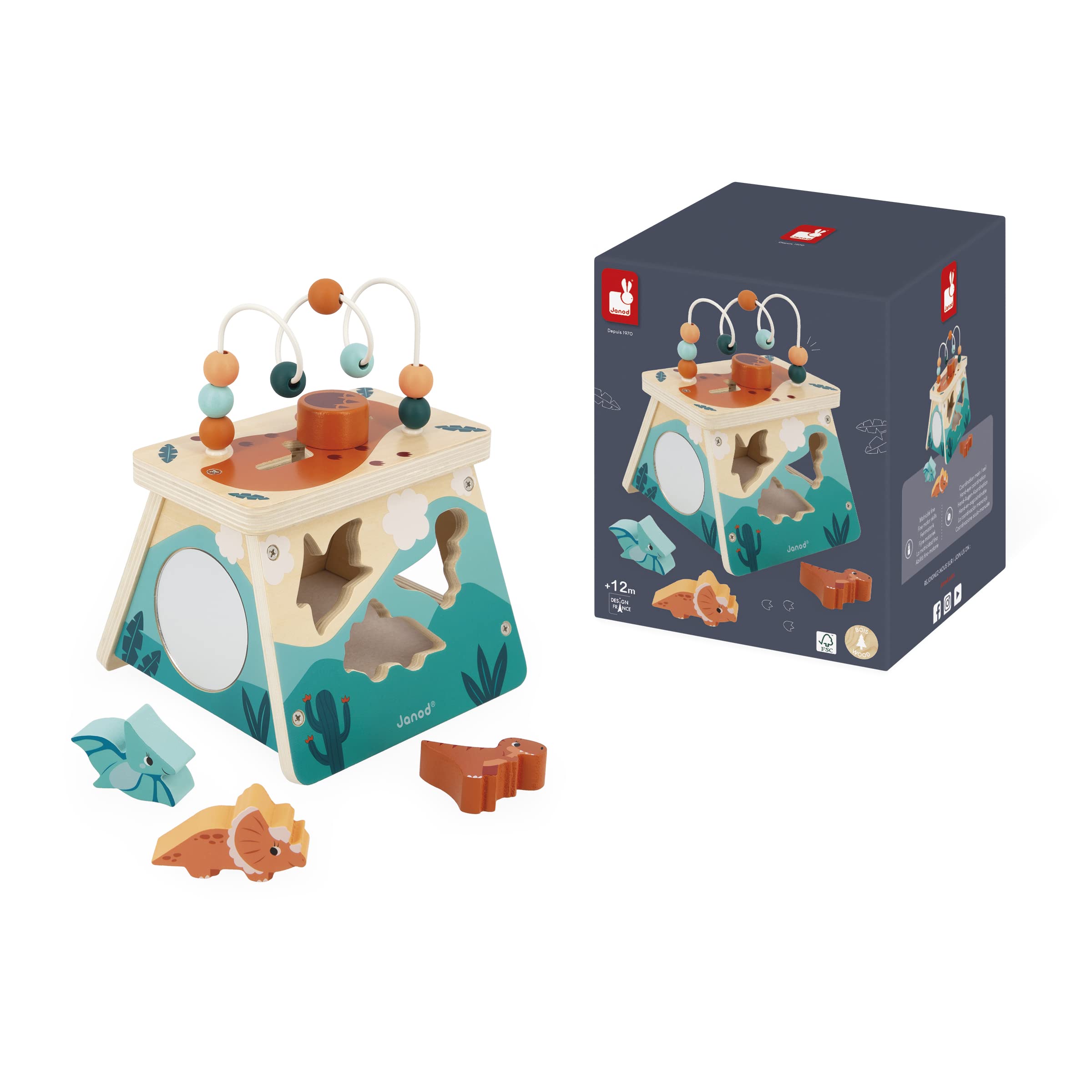 Janod - Volcan Multi Activités - 5 Activités - Jeu d'Éveil Premier Age - Motricité Fine - Jouet Enfant Dinosaure en Bois FSC - Dès 12 Mois, J05827