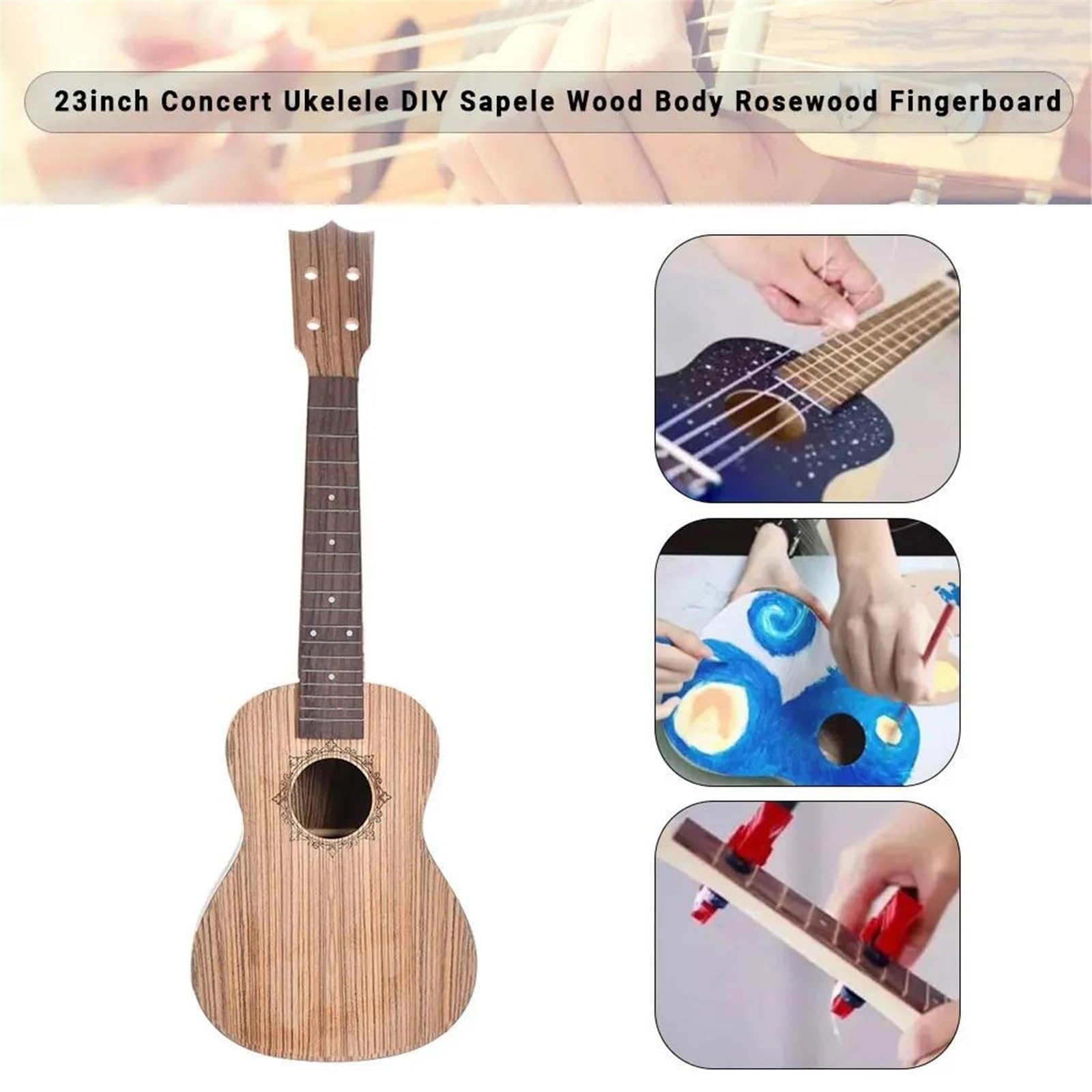 Niedokończony Koncert Tenor Ukelele 4 Struny Gitara Hawajska DIY Korpus Z Drewna Zebrawood Podstrunnica Kołki Struny Nakrętka Mostkowa ZESTAW początkujących ukulele(26)