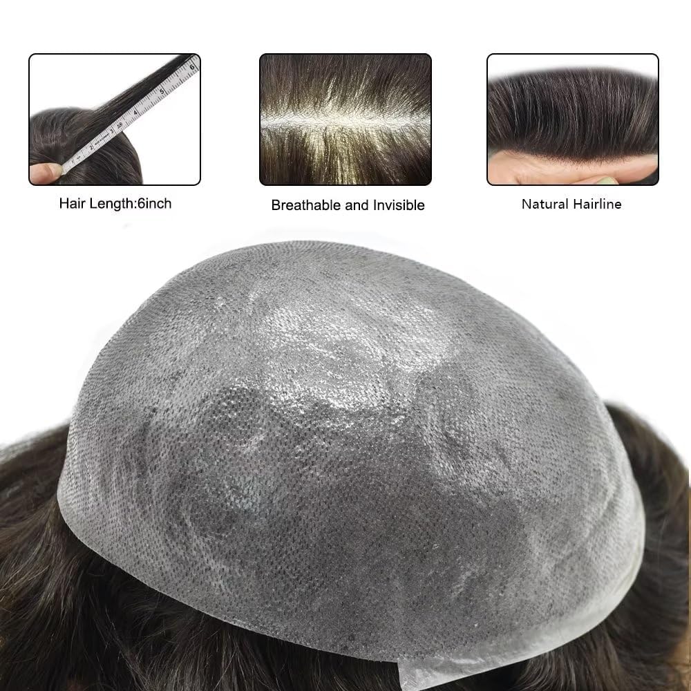 Super Thin Skin Mens Toupee V-looped Human Hair Pieces Toupee for Men Hair System Transparent Full Poly Men Hair Replacement System (8X10-100% density, 1B50# Natural Black With 50% Gray)