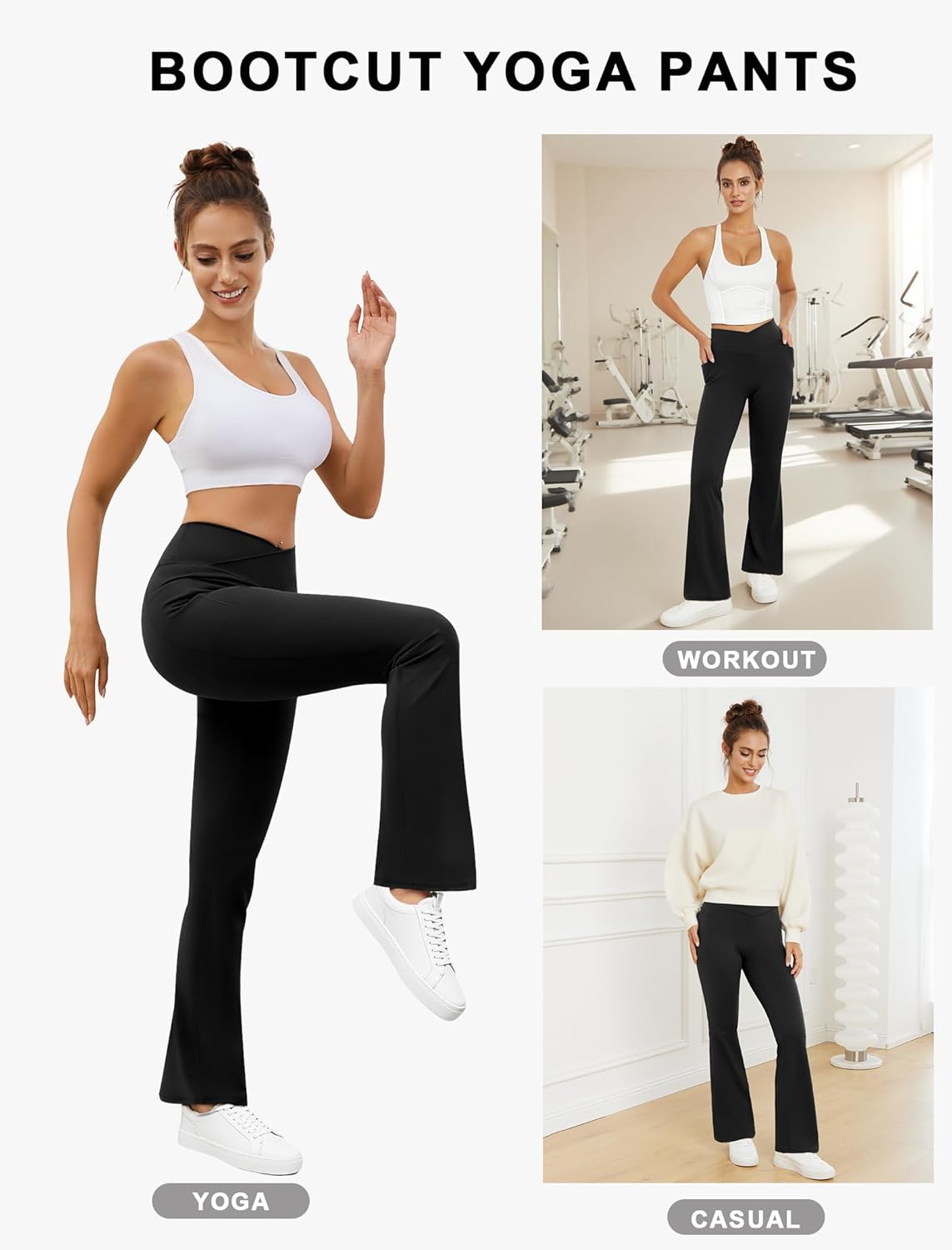 Women's Yoga Pants V Crossover Flare Leggings with Pockets Flared Bootcut Bell Bottoms Workout Pants Gym Black Medium image 5 of 5 B0FH2KB33K
