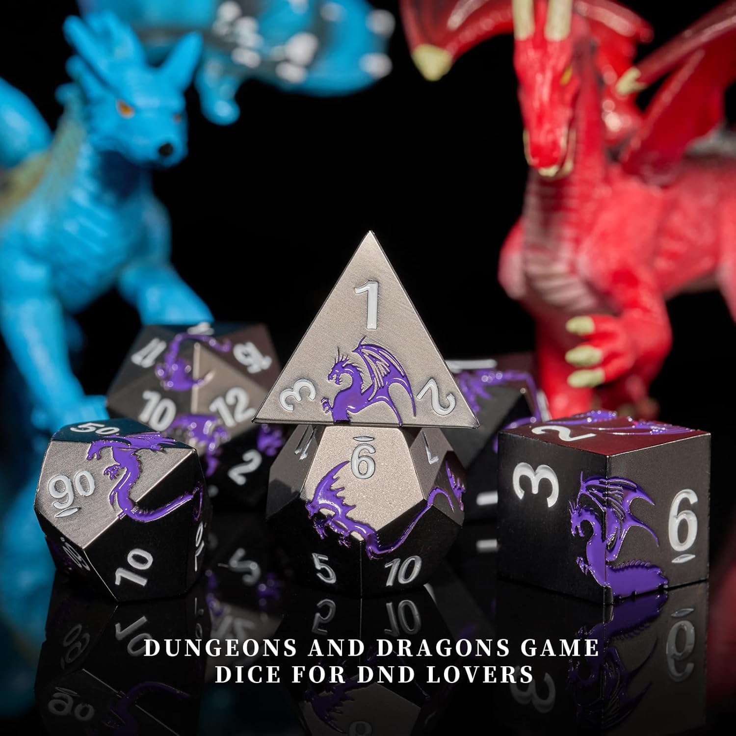 Black Purple Dragon Metal Dice Set,7 PCS Heavy Zinc Alloy DND Dice with Magnetic Gift Box for Fantasy Tabletop RPG Games (Black Purple Dragon)
