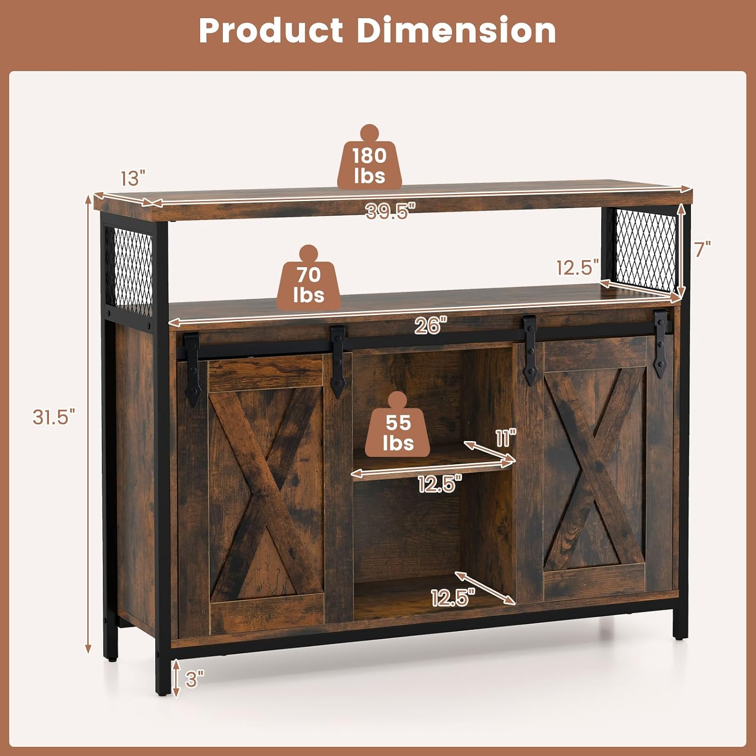 LOKO Industrial Buffet Sideboard Cabinet, Farmhouse Coffee Bar Cabinet with Sliding Barn Door, Buffet Table with Adjustable Shelves & Spacious Table Top for Home Kitchen Living Room