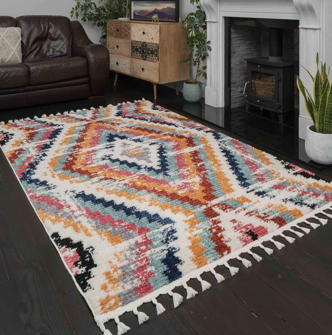 Vibrant Distressed Multi Coloured Aztec Large Area Rug Designer Thick Low Pile Shaggy Lounge Bedroom Hallway Living Room Carpet Rugs 160cm x 230cm