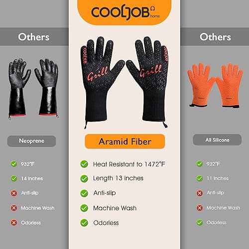 Miniatura 6 de COOLJOB Guantes de barbacoa resistentes al calor y paquete de 6 esponjas de acero inoxidable para cocinar con temperatura, asar a la parrilla o