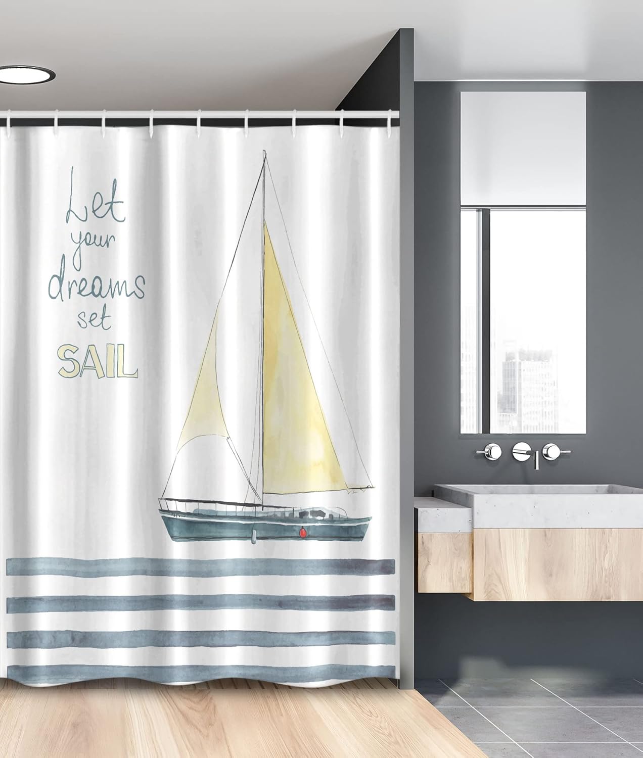 Ambesonne Nautical Stall Shower Curtain, Let Your Dreams Set Sail Words Stripes Yacht Interior Navigation Theme, Fabric Bathroom Decor Set with Hooks, 54" W x 78" L, Pale Blue White