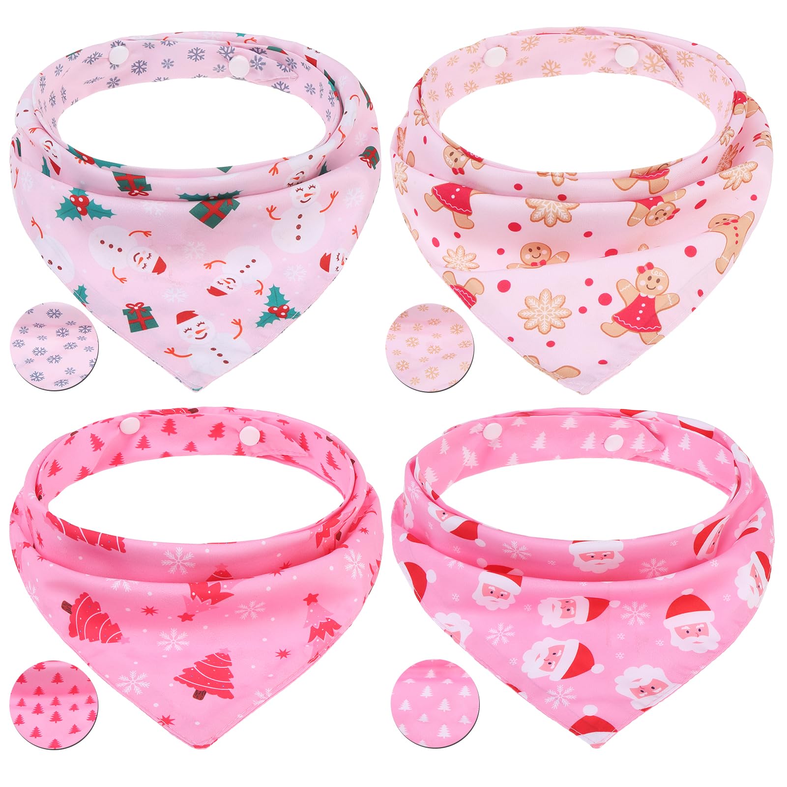 PAWCHIE Christmas Dog Bandanas 4 Pack,Reversible Dog Party Triangle Scarf Bibs,Pet Holiday Costume with Adjustable Snaps,Multiple Christmas-Themed Patterns for Medium Dogs Puppy,Cats Pets,Pink L
