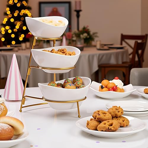 Miniatura 4 de HBlife Soporte de 3 niveles ovalado para servir con estante de metal, platos de cerámica para servir chips y inmersión, exhibición de alimentos,