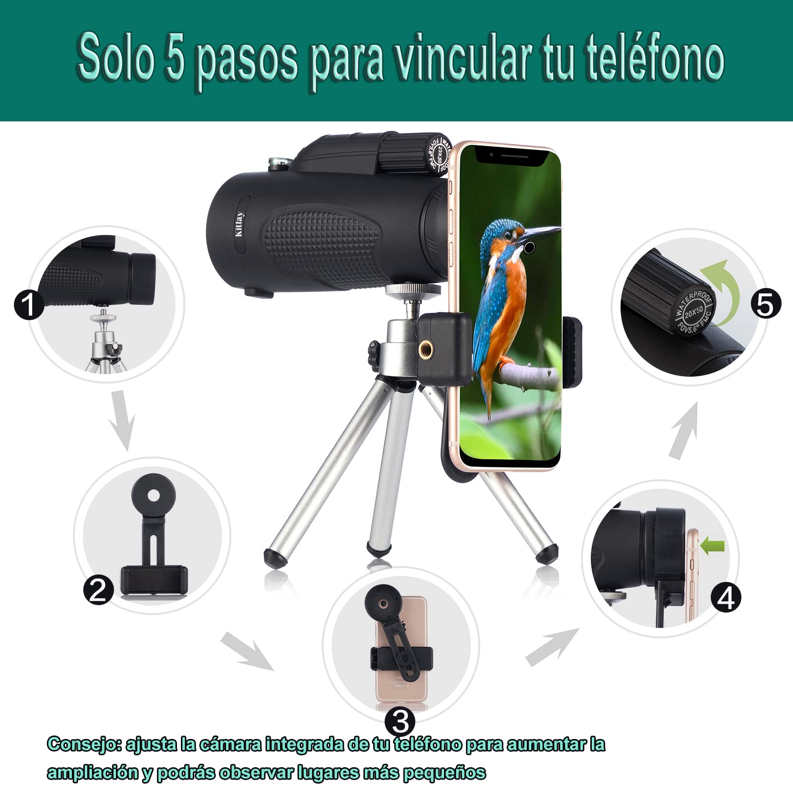 Telescopio Monocular 20x50 HD Impermeable Monoculo Profesionales de Alta Potencia con BAK4 Prism, Soporte para Teléfono y Trípode Giratorio para Observación de Aves y Caza Camping Concierto