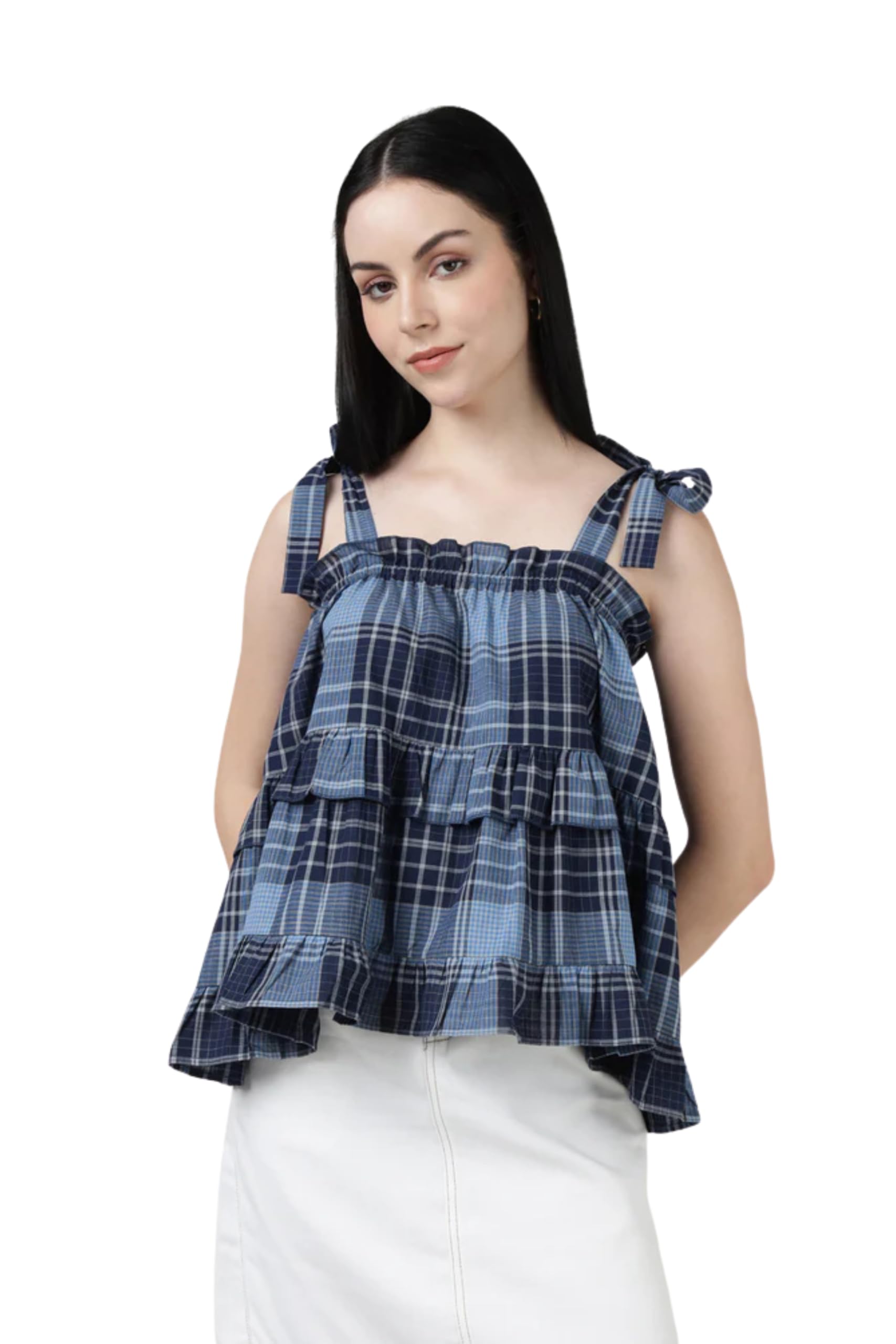 Sands of India Women's Checked Ruffled Top 100% Cotton Sleeveless Summer Wear Top, Casual Evening Summer Fashion Clothes