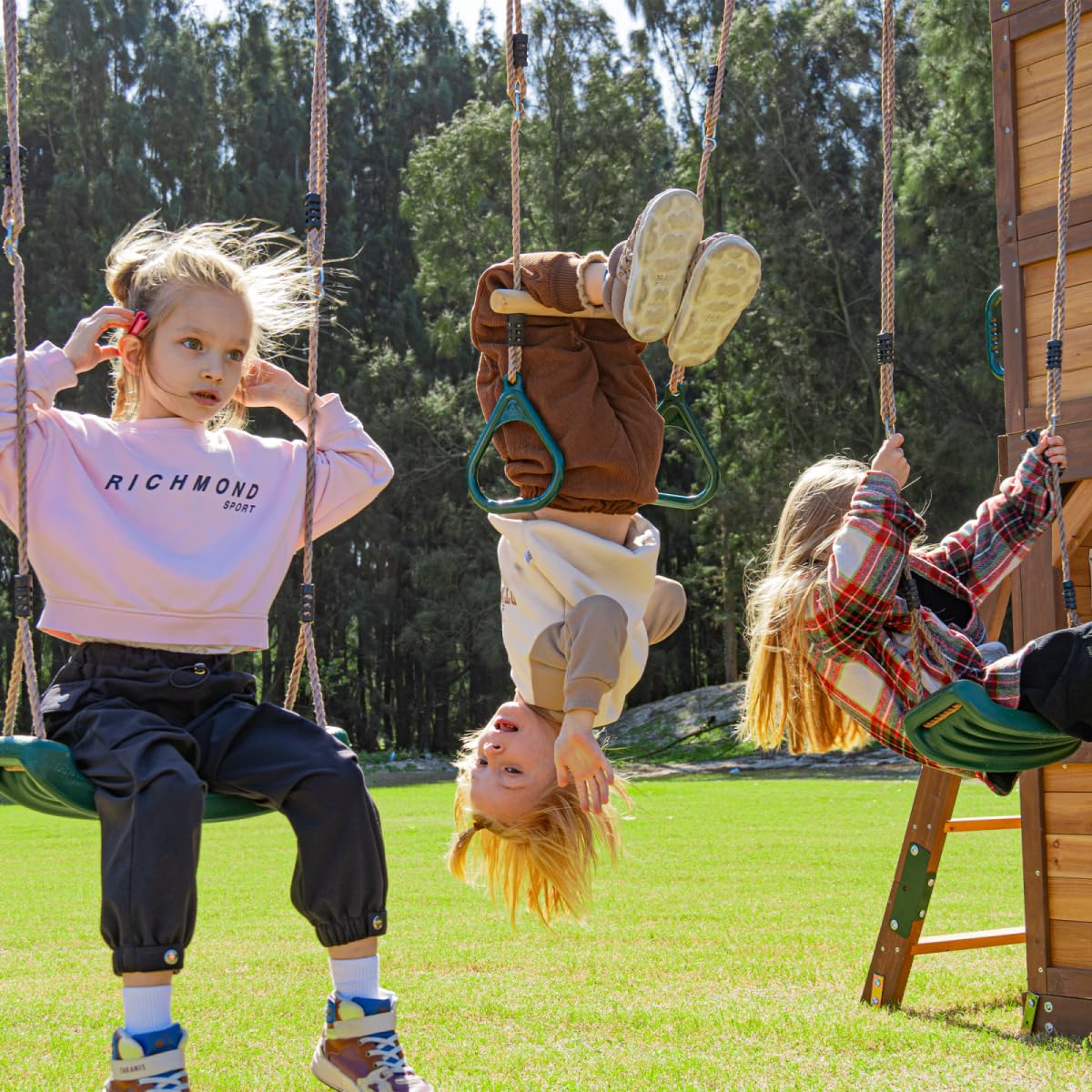 DOLPHIN PLAYGROUND T Holz-Spielgerät für Kinder ab 3 Jahren | Mit Rutsche, Trapezstange, Klettergerüst, Spielhaus mit 2 Schaukeln und Spielküche, Aus Zedernholz