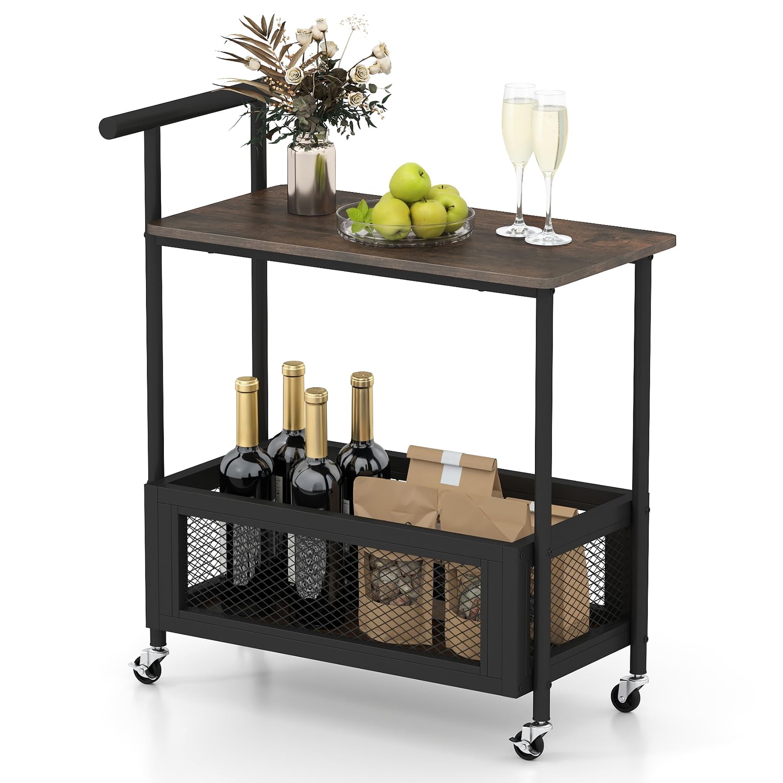COSTWAY Chariot de Service en Métal avec Plateau en Bois, Desserte de Cuisine sur roulettes avec Rangement, Panier en Maille, Style Industriel pour Cuisine, Salon