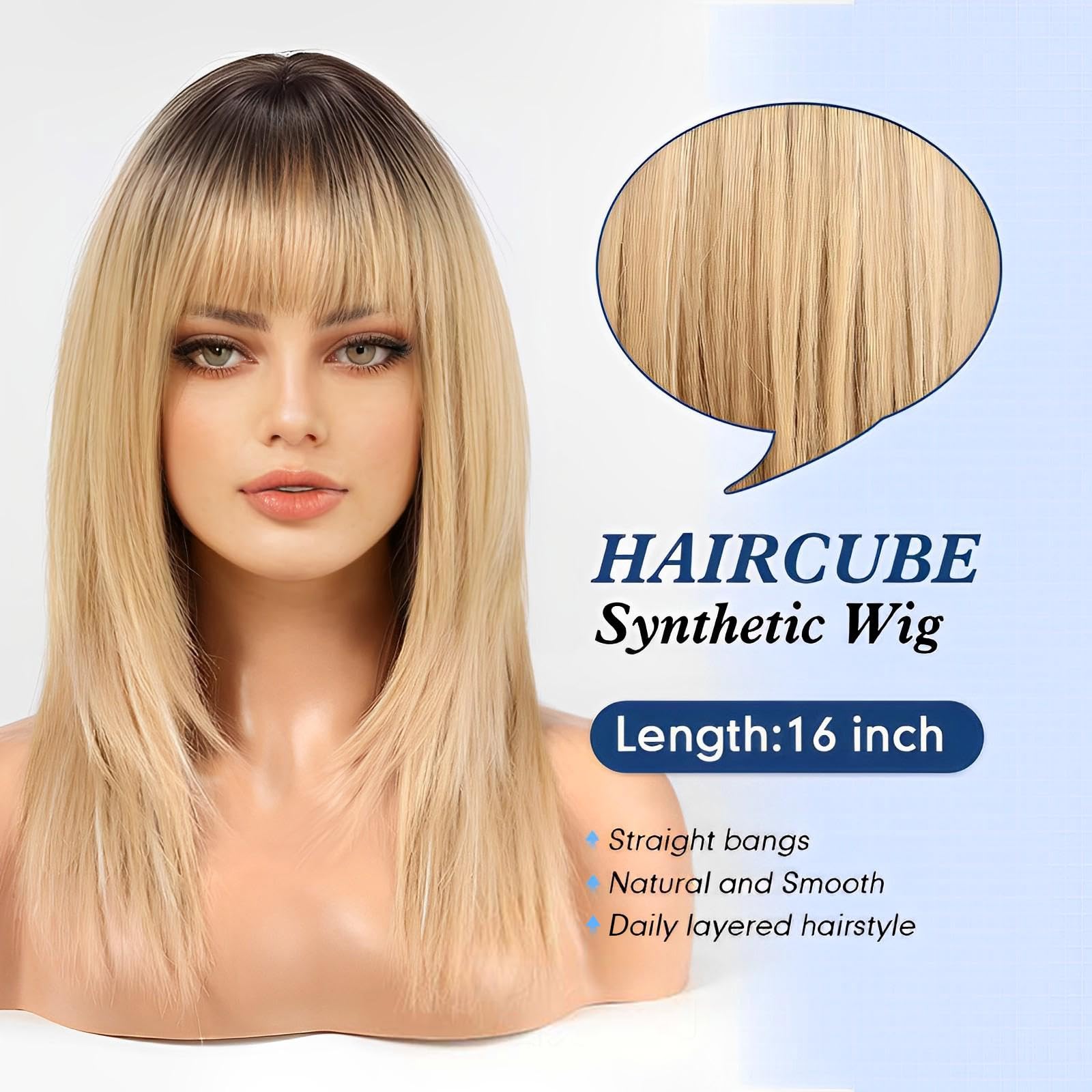 HAIRCUBE Donne Parrucca Straight Parrucche per le Donne Lunghezza Spalla Ombre Bionda Parrucca Sintetica con Bangs Cosplay quotidiano