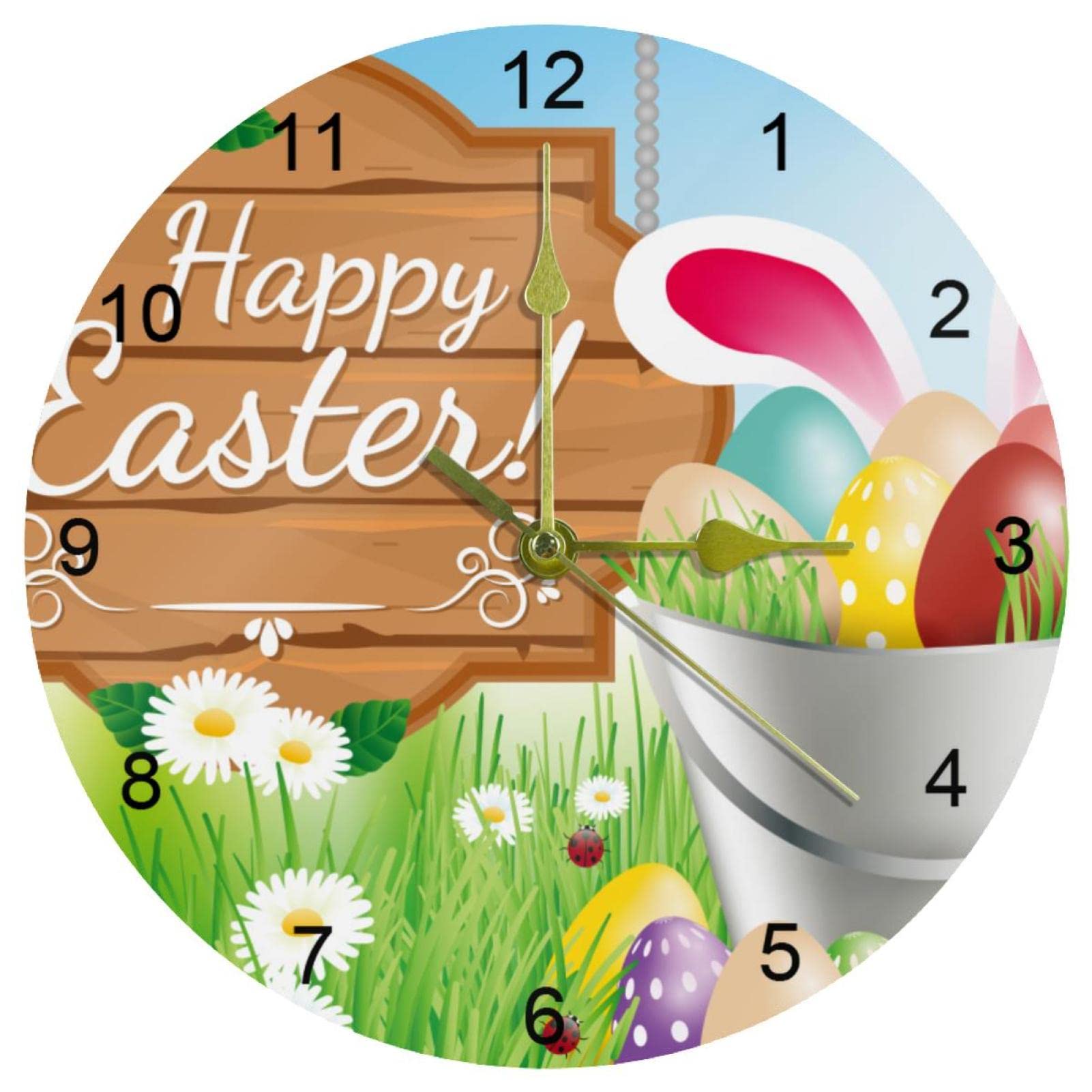 Horloge murale silencieuse de 25 cm avec chiffres arabes motif de Pâques