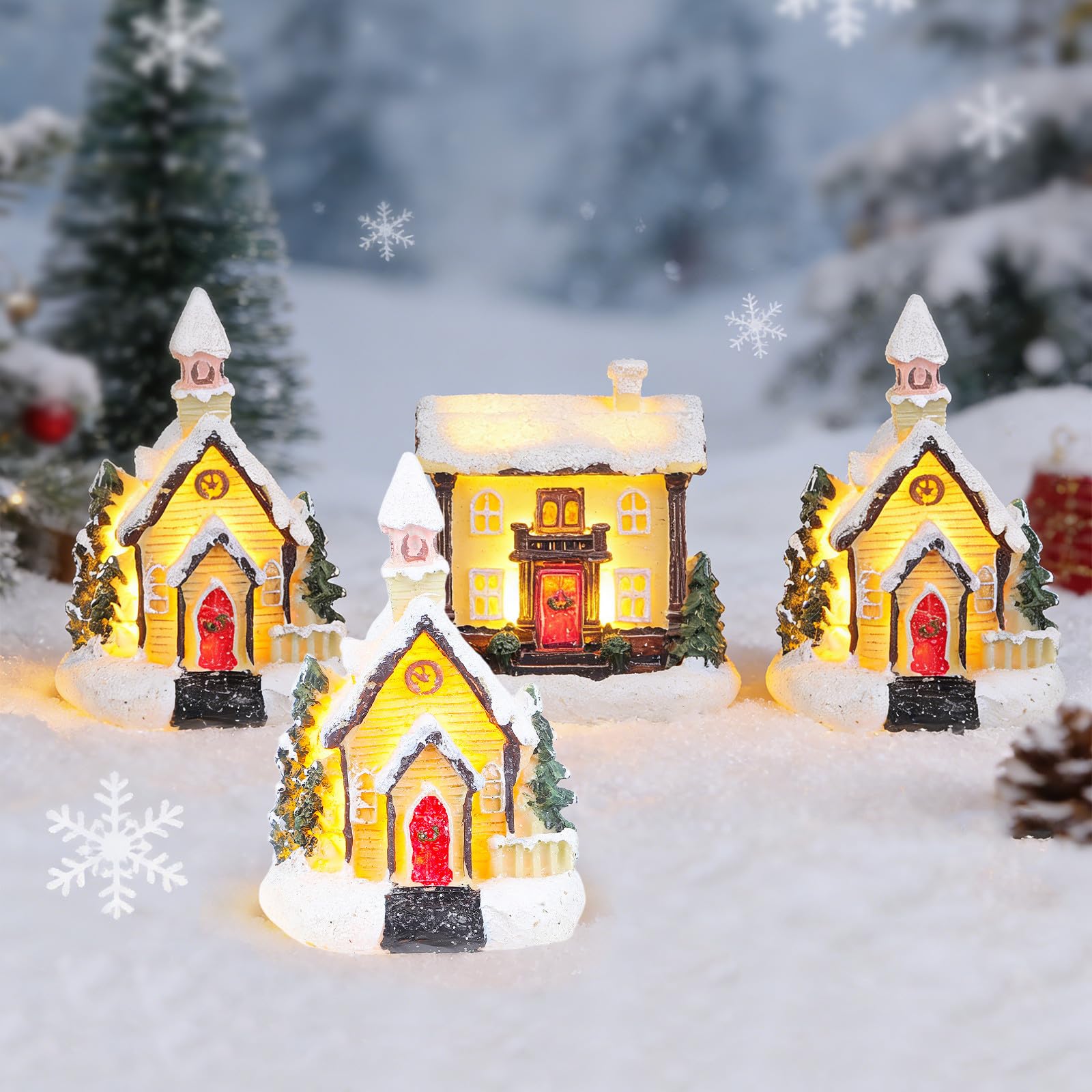 Maison de Noël lumineuse en résine Angoily | Lot de 4 pièces avec pile