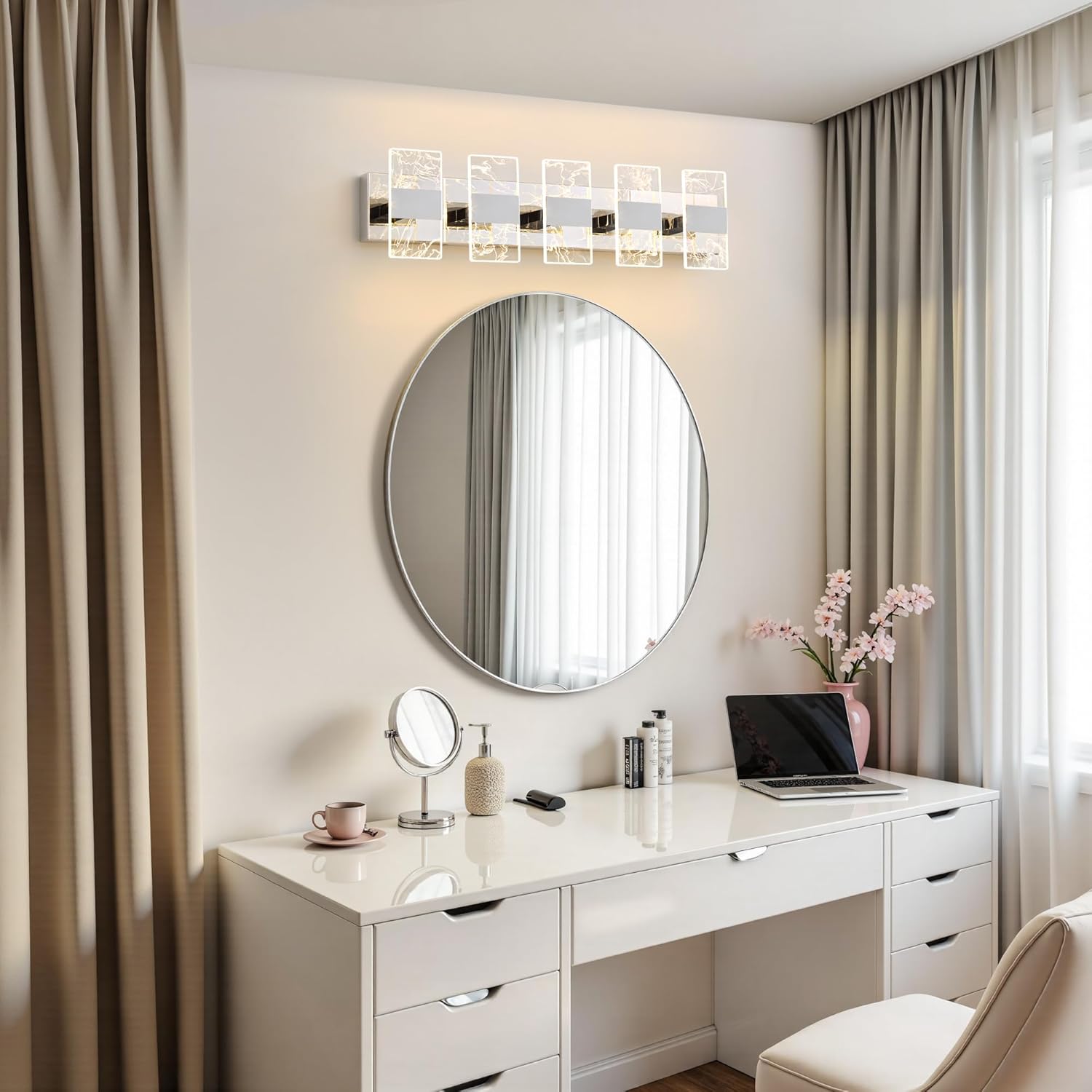 Modern LED Bathroom Light Fixtures Dimmable 5-Light Chrome Vanity Light, 5CCT Adjustable Lighting Fixture Vanity Lights Over Mirror, Smoked Acrylic LED Vanity Lights for Bathroom
