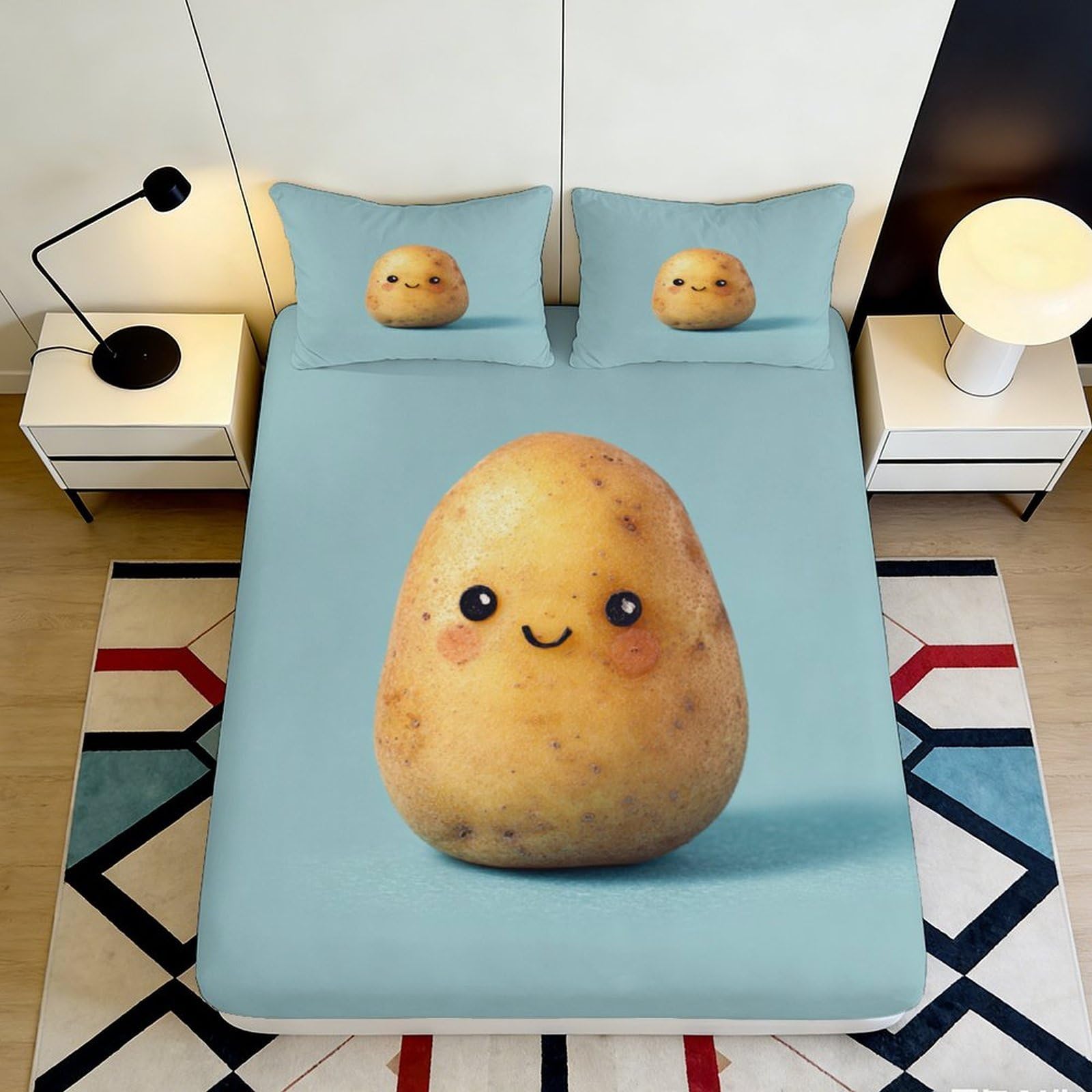 3D Printed Cute Potato Cartoon Fitted Sheet Microfiber Soft Blue Bed Sheet Anti-Slip Easy Care for Bedroom Dorm Mattress Cover 90x200x25cm