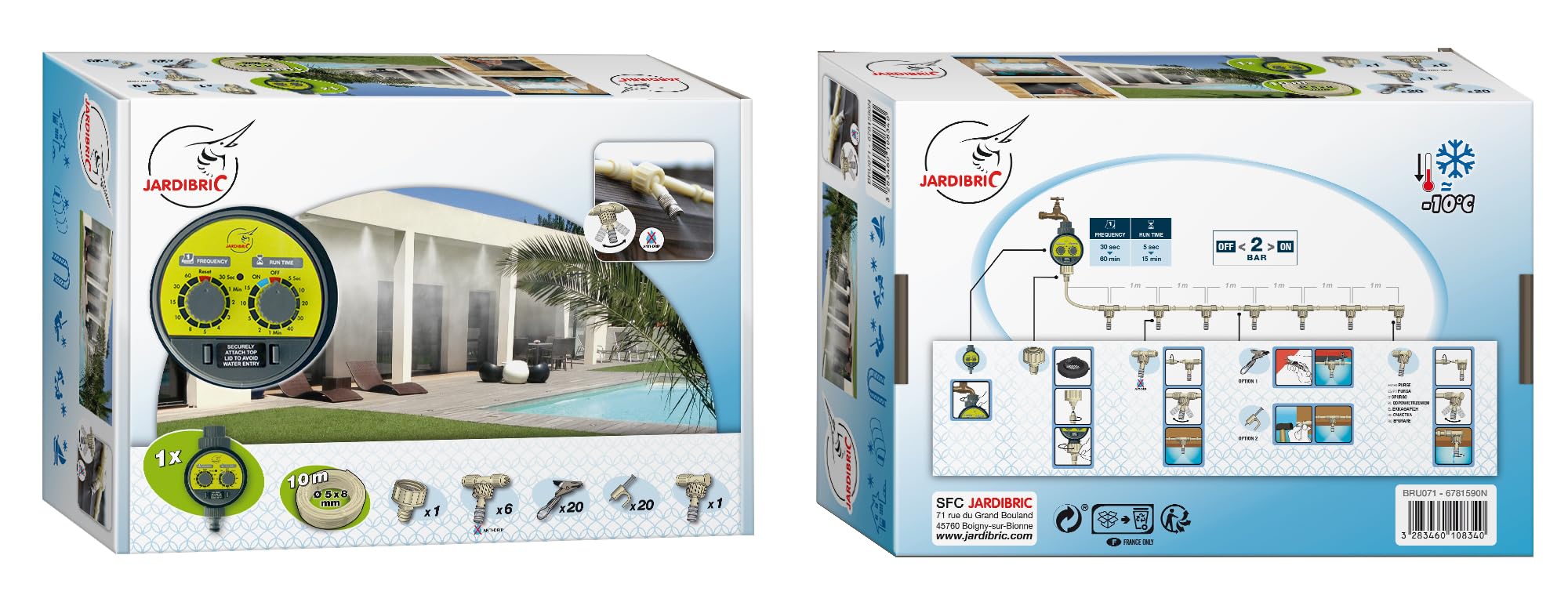 Jardibric - Kit Brumisation Extérieur 10 m 2 Bars avec Temporisateur - Système Brumisateur Buses Anti-Goutte