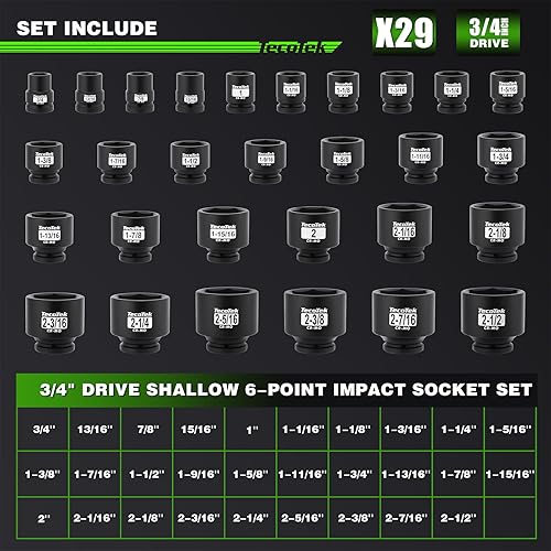 Miniatura 3 de Juego de llaves de impacto de 3/4" de 6 puntas poco profundo, surtido jumbo de 29 piezas, CR-MO, SAE, 3/4 pulgada - 2 1/2 pulgadas, estuche de