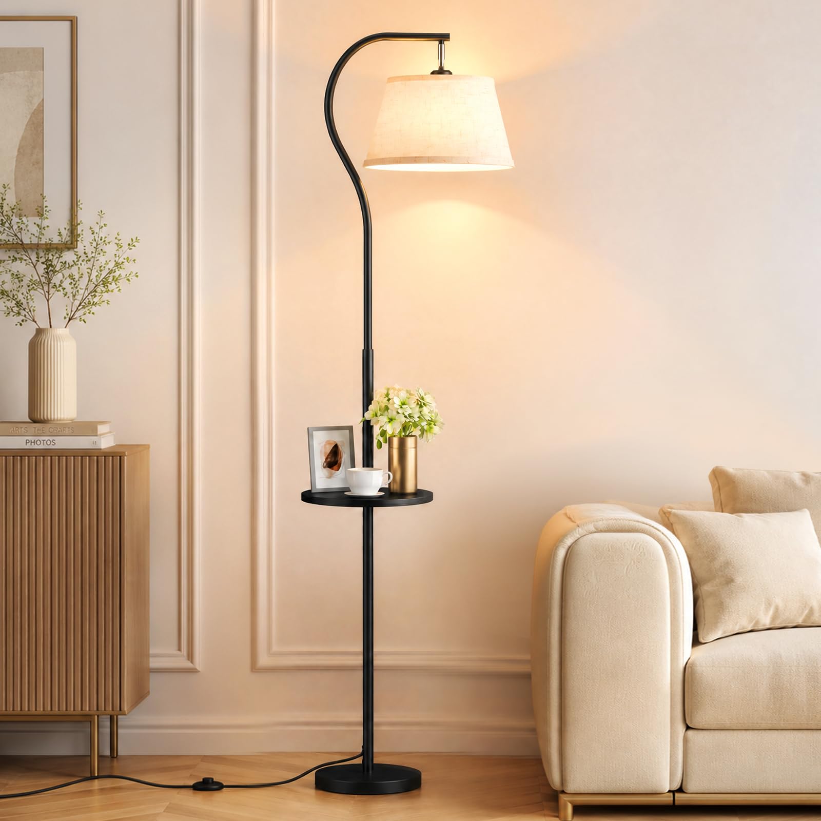 Floor Lamp with Wooden Shelf & Foot Switch 3 Color Temperatures Living Room