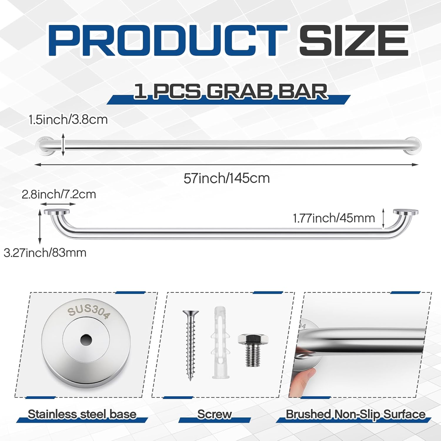 zonon 1 pcs 57 inch grab bar for bathroom 1.5 inch diameter wide safety stainless steel front porch stairs railing straight shower handle for handicapped or elderly (classic style) 1 classic style