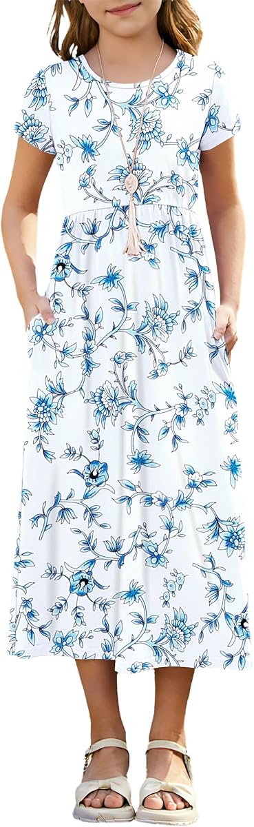 Girls Crewneck Short Sleeve Long Maxi Dress with Pockets 2026