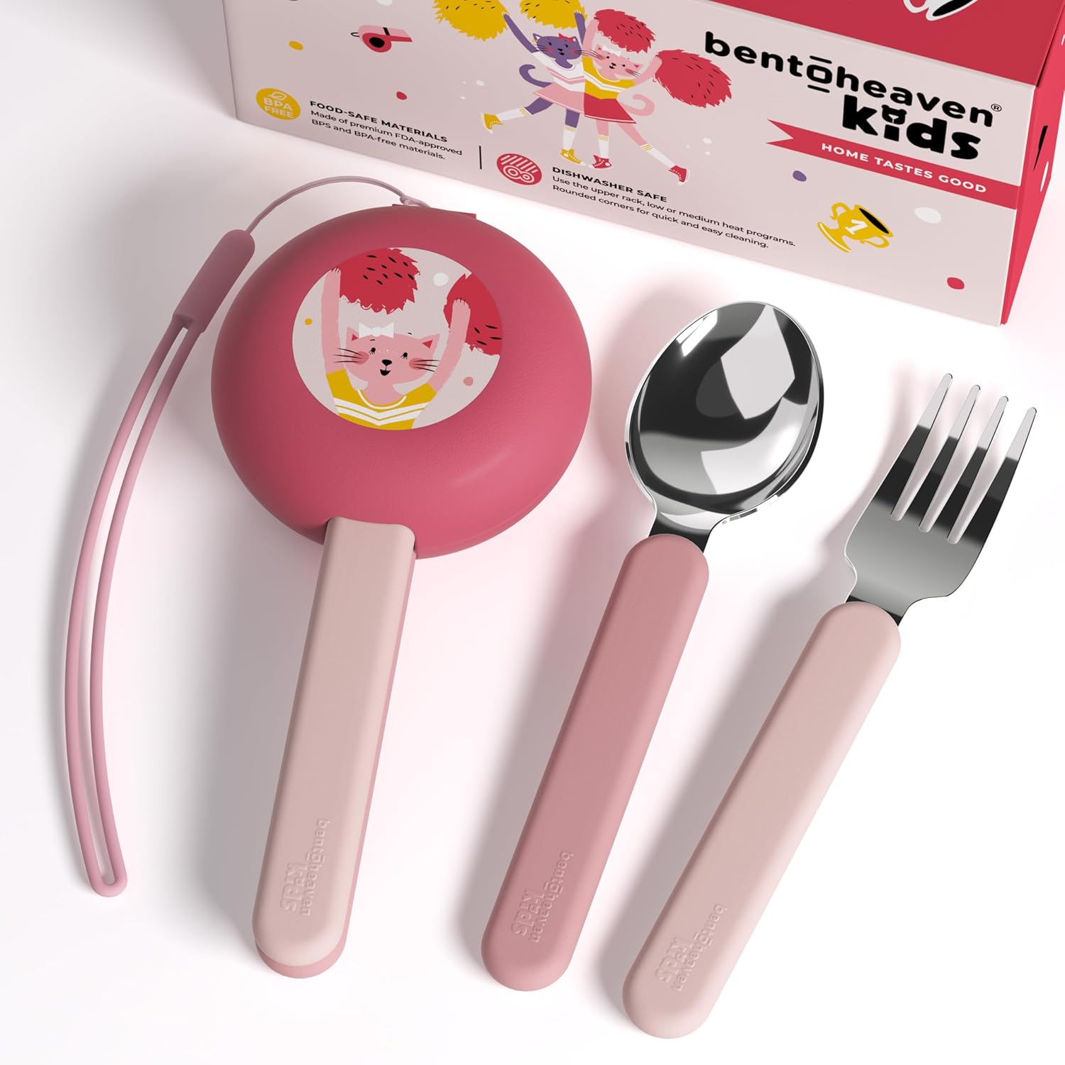 Bentoheaven Kids Travel Utensils with Case, Food-Grade Stainless Steel & BPA-Free Plastic, Travel Kid Cutlery Set, Dishwasher Safe Fork, Spoon & Case, Reusable Flatware, Silverware for Kids (Cats)