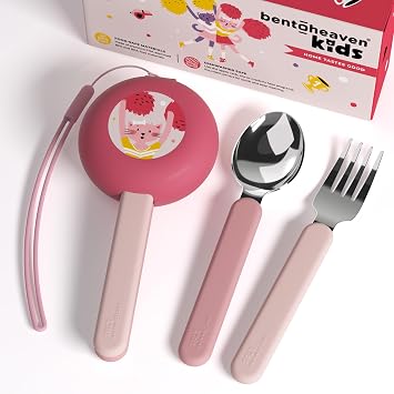 Bentoheaven Kids Utensils Set with Case, Reusable Fork & Spoon, Cats | Kid Travel cutlery set with reusable flatware, 18/8 stainless steel, BPA-free handles, dishwasher-safe fork, spoon and case.